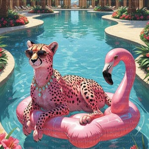 May include: An illustration of a cheetah wearing sunglasses and a jeweled necklace, lounging on a pink flamingo pool float in a swimming pool. The cheetah has pink fur with black spots. The pool is surrounded by palm trees and a luxurious building.