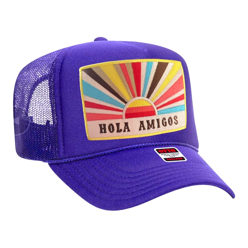 Hola Amigos Trucker Hat with Embroidered Patch Mexico-Bachelorette Party Girls Trip Custom Purple
