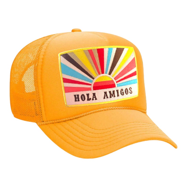 Hola Amigos Trucker Hat with Embroidered Patch Mexico-Bachelorette Party Girls Trip Custom Gold
