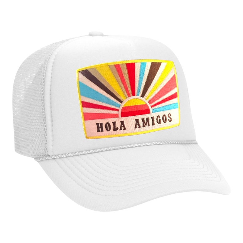 Hola Amigos Trucker Hat with Embroidered Patch Mexico-Bachelorette Party Girls Trip Custom White