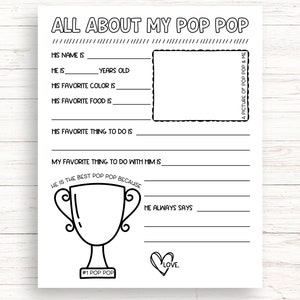 All About My Pop Pop Printable, Fathers Day Printable Gift, Birthday Gift For Pop Pop From Grandkids, Grandpa Questionnaire