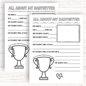 All About My Babysitter Printable, Babysitter Birthday Gift From Kids, Babysitter Questionnaire, Gift for Babysitter