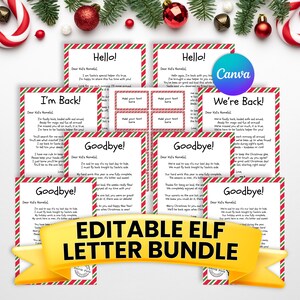 May include: A collection of printable elf letters featuring red and green striped borders. The letters include text such as Hello, I'm Back, We're Back, and Goodbye, with blank spaces for names. A yellow banner across the front reads Editable Elf Letter Bundle.