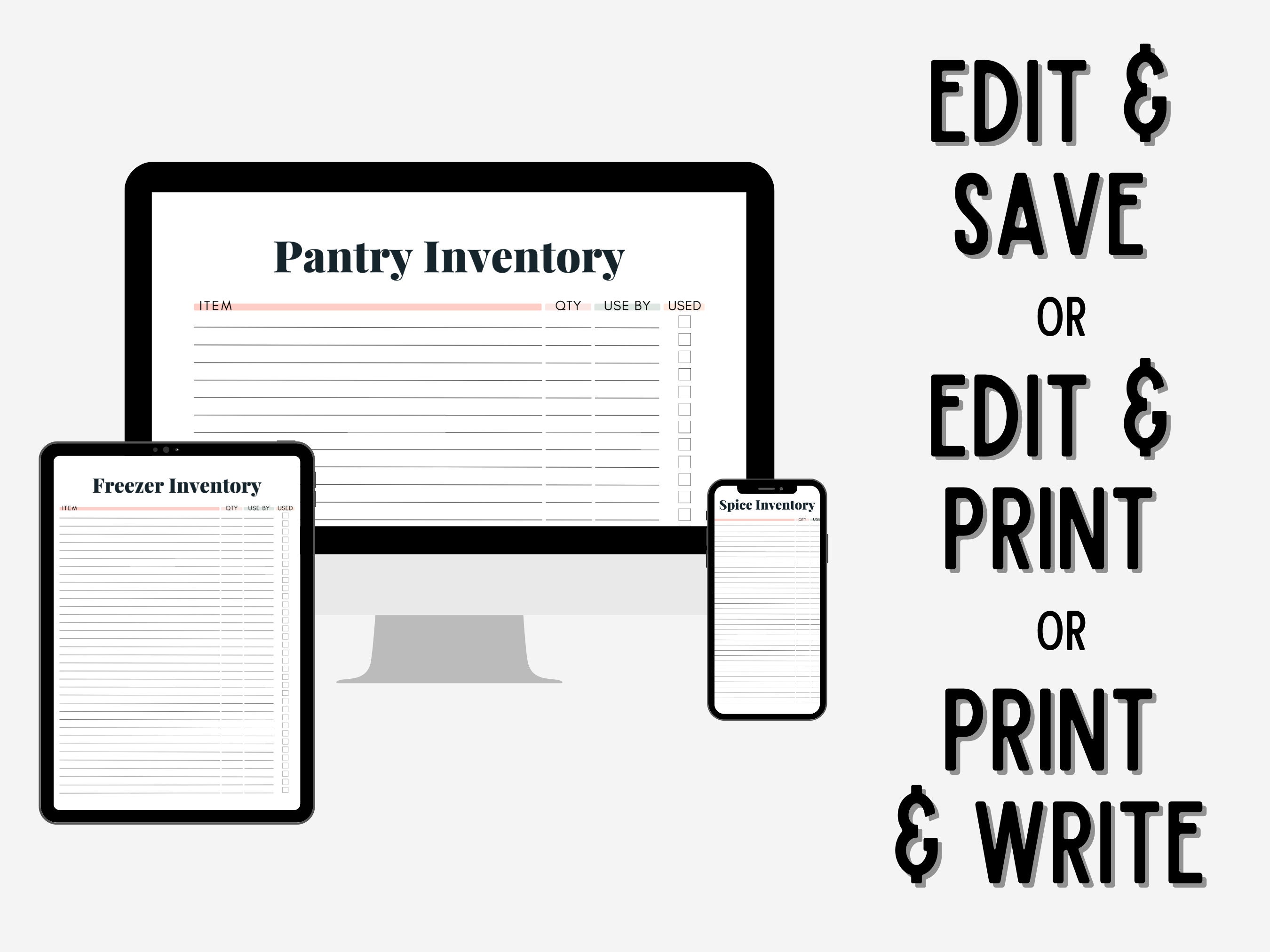 Kitchen Inventory Printable, Freezer Inventory, Pantry Inventory