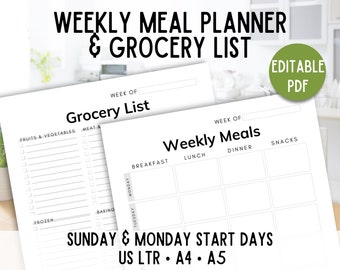 Weekly Meal Plan Printable, Grocery List & Meal Planner, Weekly Menu Planning, Food Journal Tracker, Food Diary Printable, Shopping List