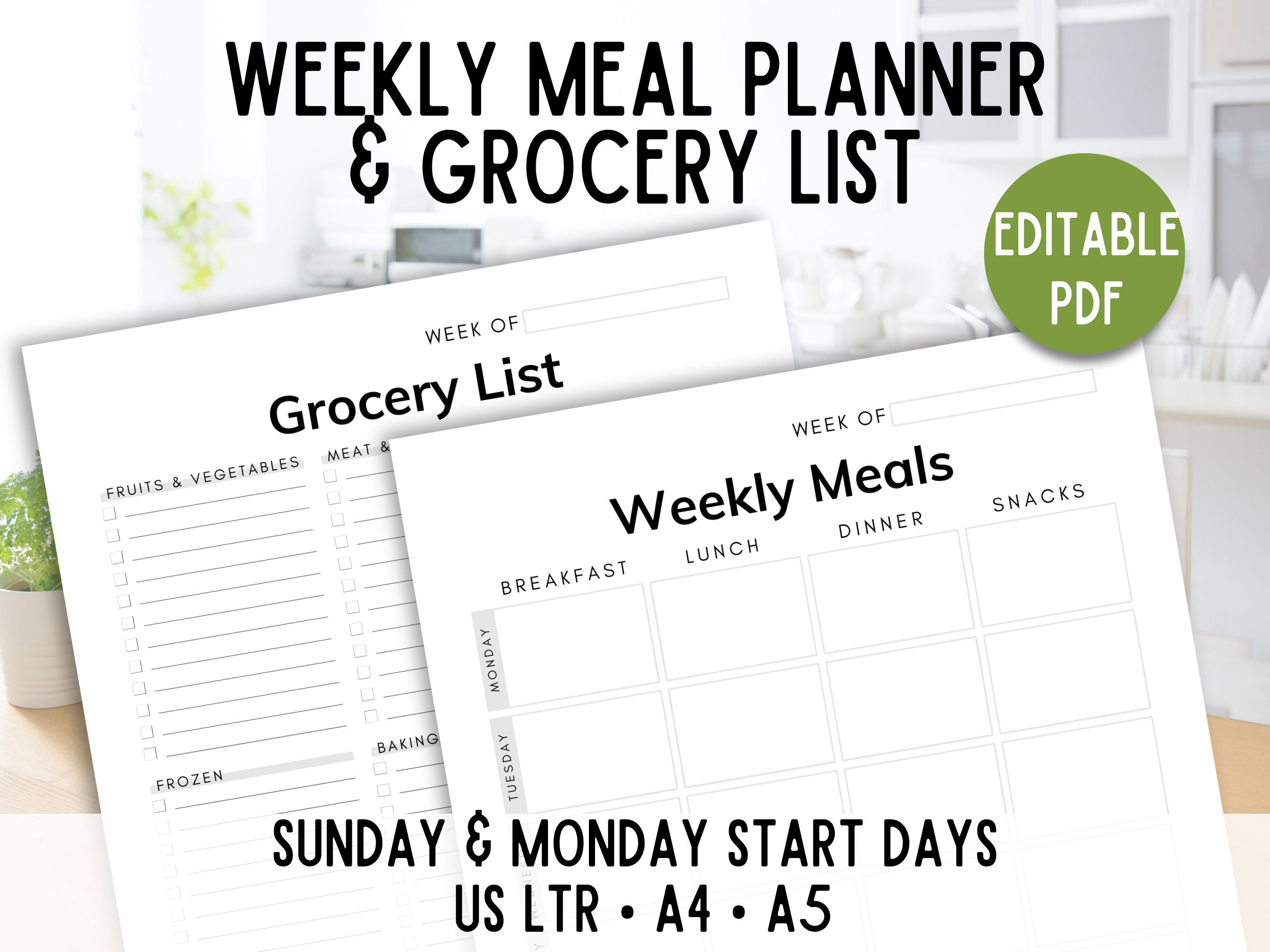Weekly Meal Plan Printable, Grocery List & Meal Planner, Weekly Menu ...