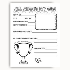 All About My Gigi Printable, Mothers Day Printable Gift, Gigi Birthday Gift From Kids, Great Grandma Questionnaire, Gifts From Grandkids
