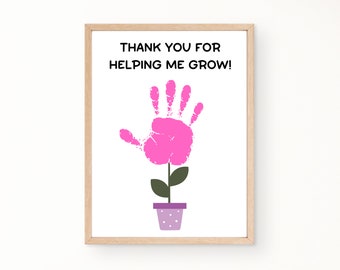 Thank You For Helping Me Grow Printable, Teacher Appreciation Flower Handprint Art,  End of Year Teacher Gift From Student, Thank You Card