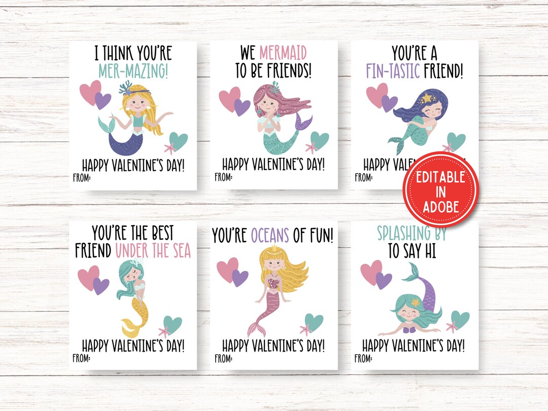 Editable Mermaid Valentines Card, Mermaid Valentine's Day Cards Girl ...