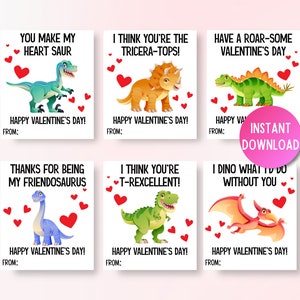 Printable Dinosaur Valentines for Kids Class,  Dinosaur Valentine Card Boys, Classroom Valentine's Day Cards Dinosaurs, School Valentines