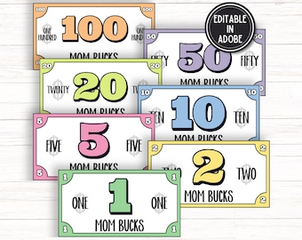 Editable Kids Reward Bucks: Printable Play Money (PDF)