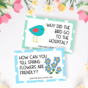 May include: Two rectangular cards with white polka dots on colored borders. The top card is mint green with a blue bird illustration and the text: Why did the bird go to the hospital? It needed tweet-ment! The bottom card is light blue with blue flowers and the text: How can you tell spring flowers are friendly? They always have new buds.