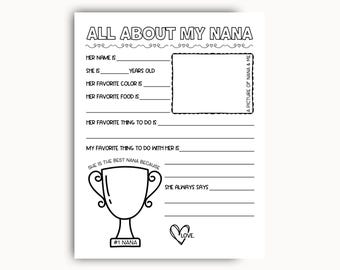 All About My Nana Printable, Mothers Day Printable Gift, Birthday Gift For Nana From Grandkids, Grandma Questionnaire, All About Nana
