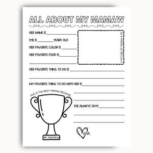 All About My Mamaw Printable, Grandma Questionnaire, Mothers Day Printable Gift For Mamaw, Birthday Gift From Grandkids, Grandparents Day