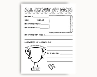 All About My Mom Questionnaire, Mothers Day Printable Gift, Birthday Gift for Mom From Kids, All About Mom Printable