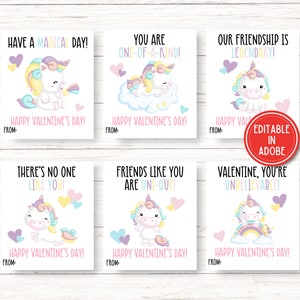 Unicorn Valentine Cards Editable, Valentines Day Card Unicorn, Editable Valentine Card for Kids, Printable Classroom Valentines