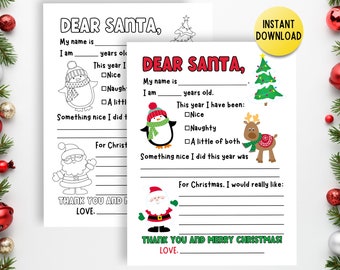 Letter to Santa Printable, Christmas Letter Template, Kids Letter to Santa Coloring Page, Dear Santa Letter Printable