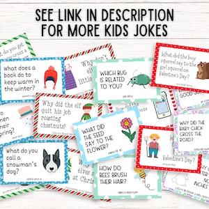May include: A collection of colorful joke cards for kids, featuring various questions and answers. The cards have decorative borders and include images of a snowman, a dog, and a squirrel. Text at the top says "SEE LINK IN DESCRIPTION FOR MORE KIDS JOKES."