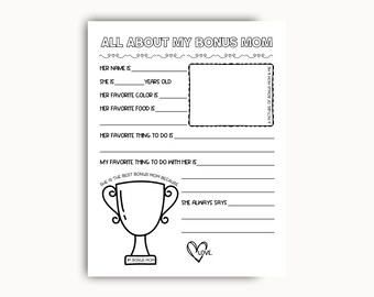 All About My Bonus Mom Printable, Mother's Day Gift for Bonus Mom, Step Mom Questionnaire, Bonus Mom Birthday Gift From Kids