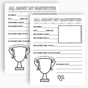 All About My Babysitter Printable, Babysitter Birthday Gift From Kids, Babysitter Questionnaire, Gift for Babysitter