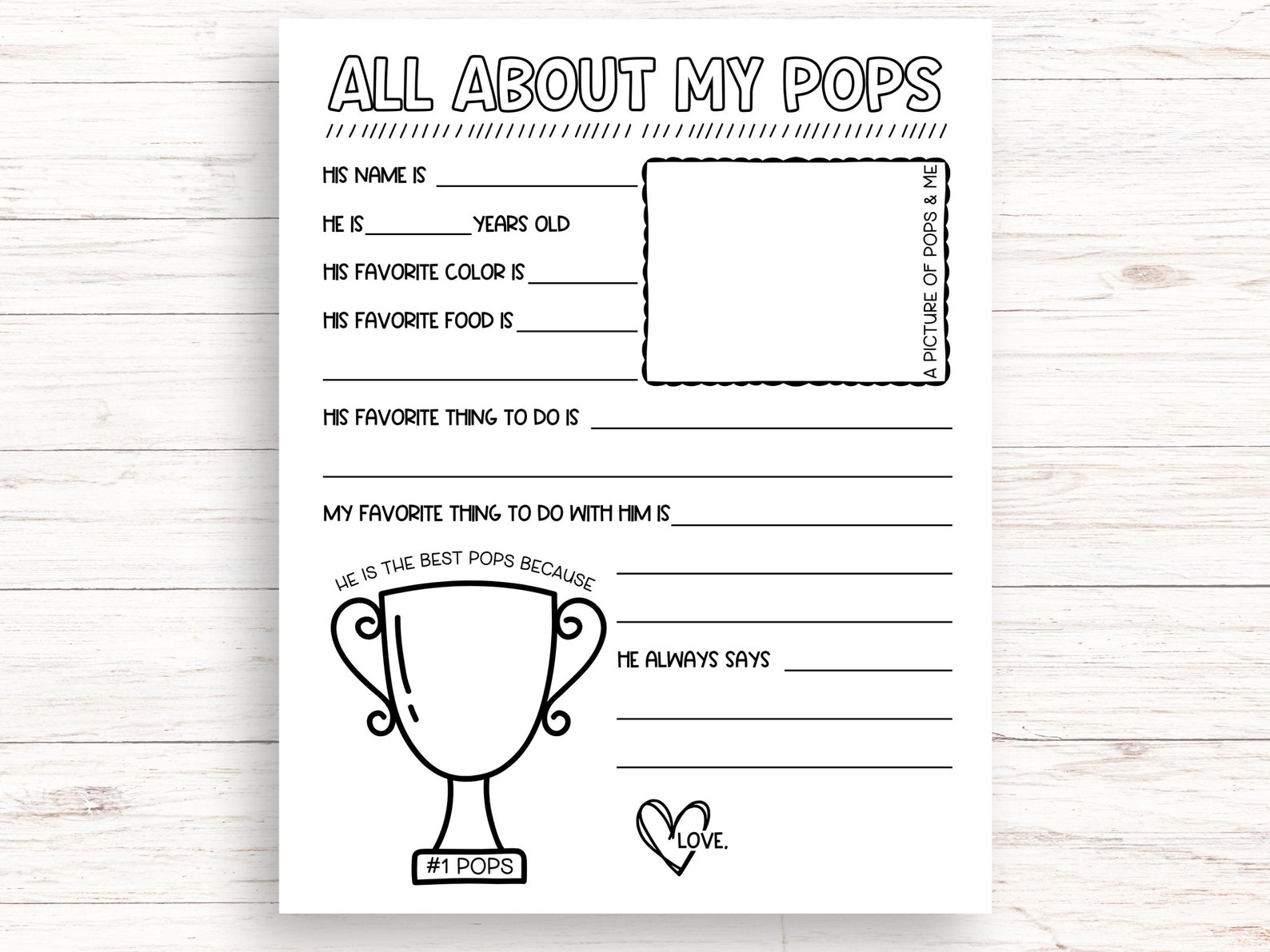 All About My Pops Printable, Fathers Day Printable Gift, Birthday Gift ...