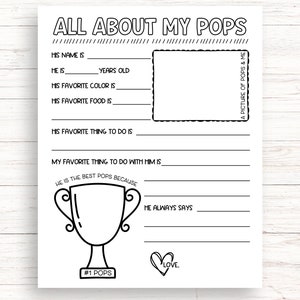 All About My Pops Printable, Fathers Day Printable Gift, Birthday Gift For Pops From Grandkids, Grandpa Questionnaire, All About Pops