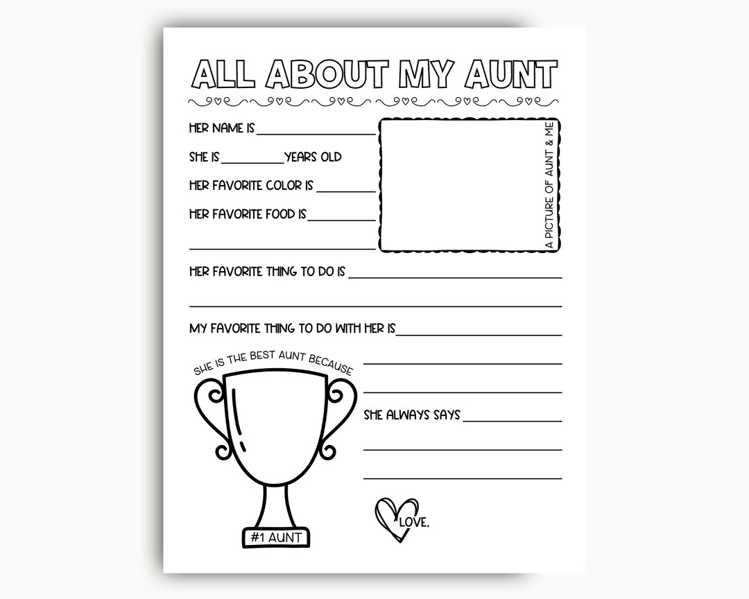 All About My Aunt Printable, Mothers Day Questionnaire, Aunt Mother's