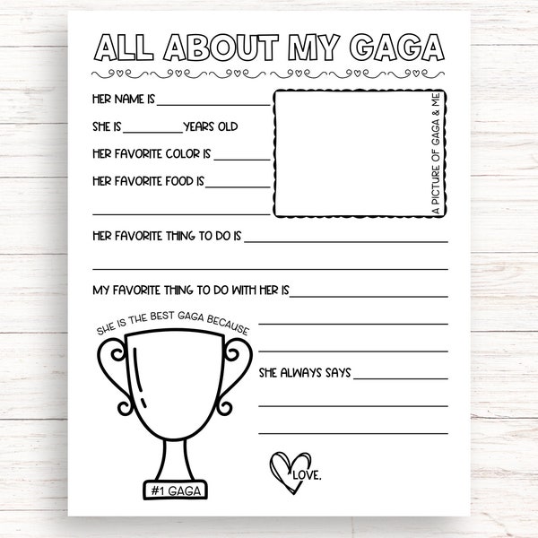 All About My Gaga Printable, Gaga Birthday Gift From Grandkids, Grandma Questionnaire, Mothers Day Printable Gift, All About Gaga