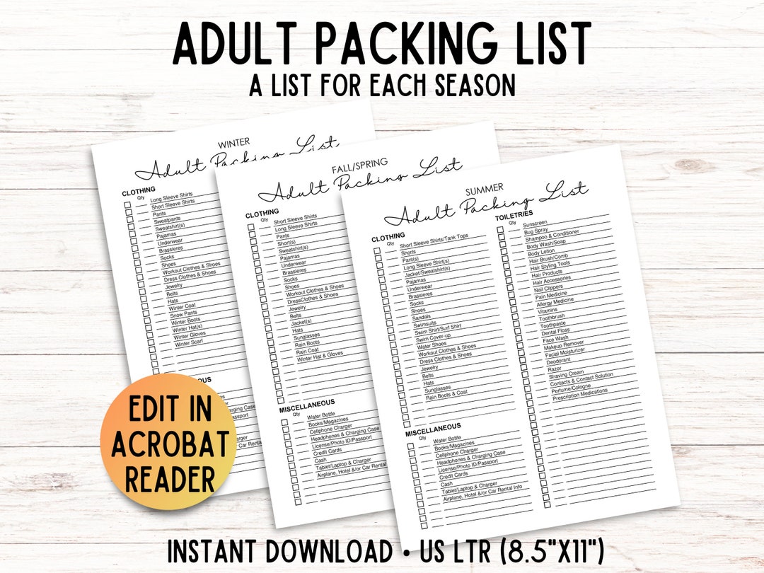 Adult Editable Packing Checklist, Travel Packing List Printable, Beach