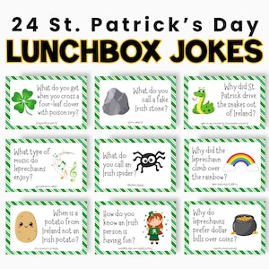 St Patrick's Day Lunchbox Notes for Kids, Lunchbox Jokes, Printable Jokes for Kids, Lunchbox Cards, Lunch Notes for Kids, Kids Joke Cards