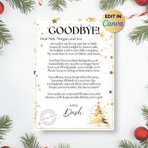 May include: A Christmas-themed letter with the word "GOODBYE!" at the top. The letter is decorated with gold stars and a gold Christmas tree illustration. The text is in black, and the letter is surrounded by Christmas decorations.