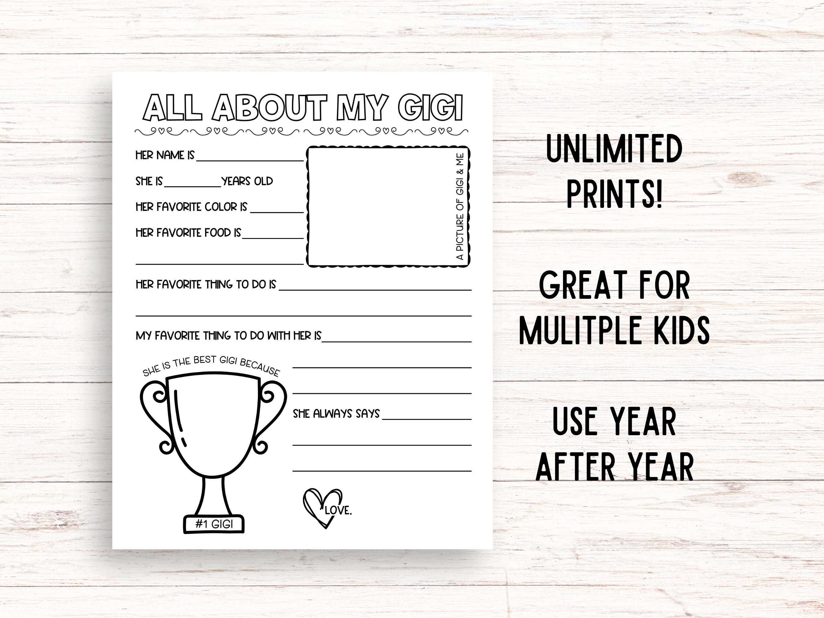All About My Gigi Printable, Mothers Day Printable Gift, Gigi Birthday ...