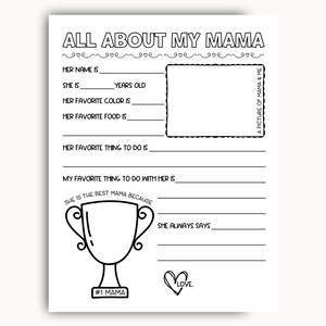 All About My Mama Printable, Mom Questionnaire, Mama Mother's Day Printable Card, All About Mama, Birthday Gift For Mama From Kids