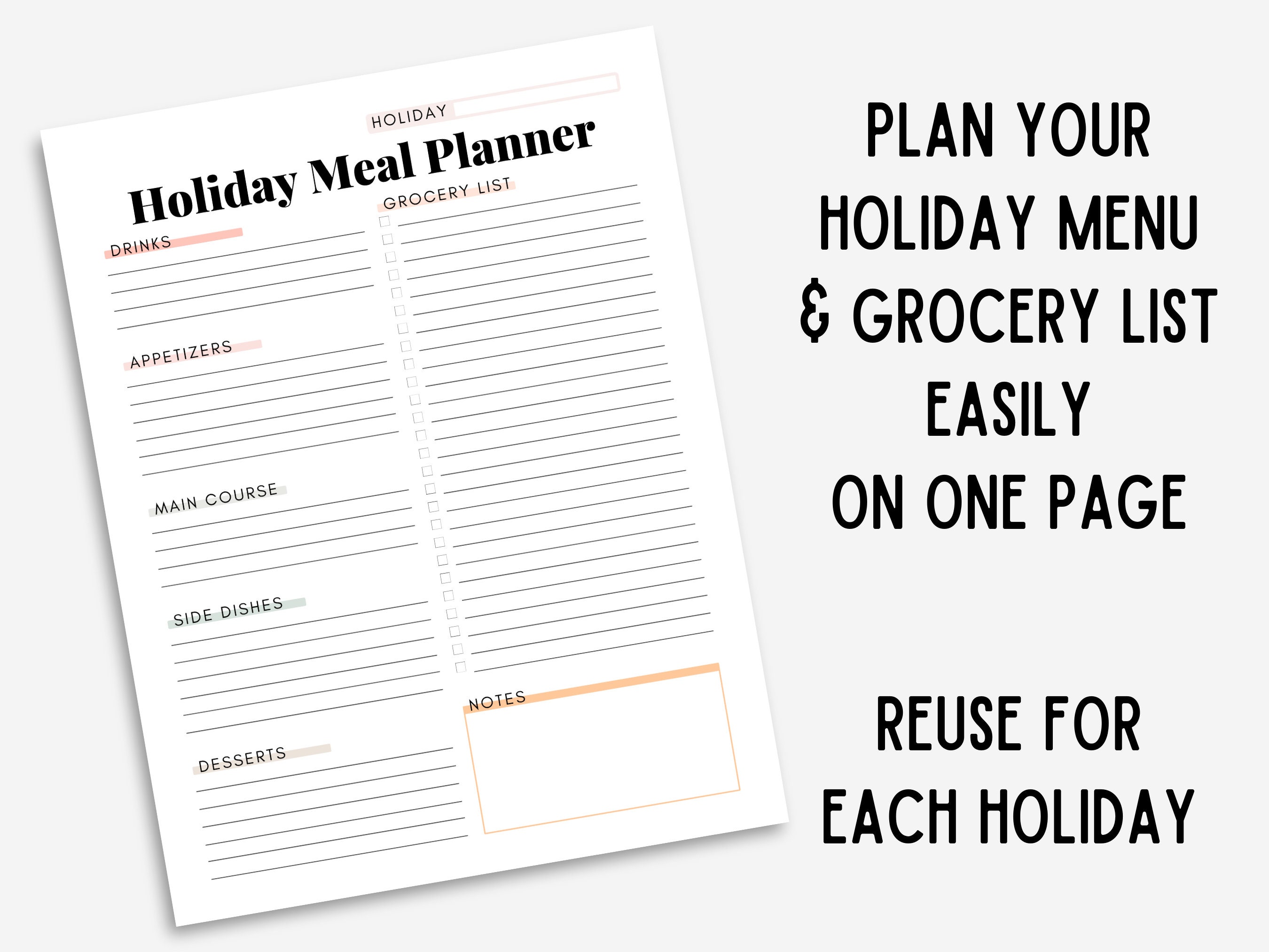 Holiday Meal Planner, Holiday Menu, Meal Plan Template, Thanksgiving Holiday Meal Planner, Holiday Menu, Meal Plan Template, Thanksgiving