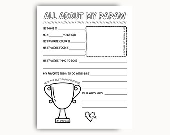 All About My Papaw Printable, Fathers Day Printable Gift, Birthday Gift For Papaw From Grandkids, Grandpa Questionnaire, All About Papaw
