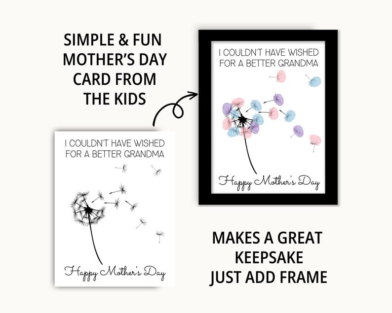 May include: A printable Mother's Day card featuring a black and white dandelion with the text "I couldn't have wished for a better grandma" and "Happy Mother's Day".