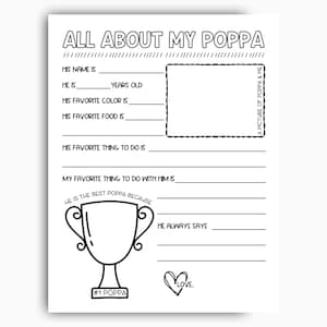 All About My Poppa Printable, Fathers Day Printable Gift, Birthday Gift For Poppa From Grandkids, Grandpa Questionnaire, All About Poppa