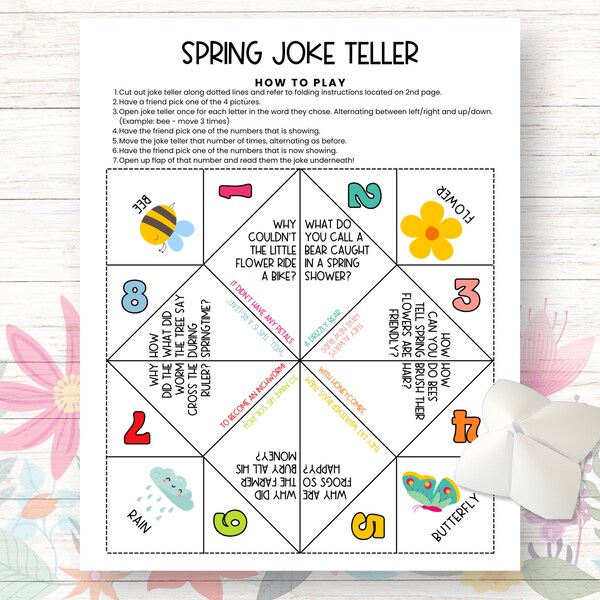Spring Jokes For Kids, Cootie Catcher, Paper Fortune Teller, Printable Games for Kids, Chatterbox, Boredom Buster, Origami Fortune Teller