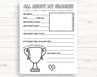 All About My Grannie Printable, Mothers Day Printable Gift, Grandma Questionnaire, Birthday Gift For Grannie From Grandkids