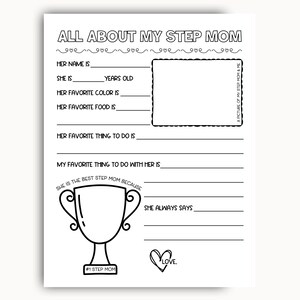 All About My Step Mom Printable, Mom Questionnaire, Step Mom Gift For Mothers Day, Birthday Gift From Kids, Step Mom Mother&#39;s Day