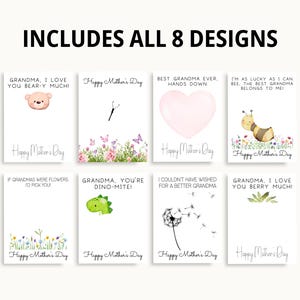 May include: Eight printable Mother's Day cards featuring cute illustrations and funny sayings. The cards include a bear, a dinosaur, a bee, a dandelion, flowers, and a heart. The text on the cards includes phrases like "Grandma, I love you bear-y much!" and "Grandma, you're dino-mite!"