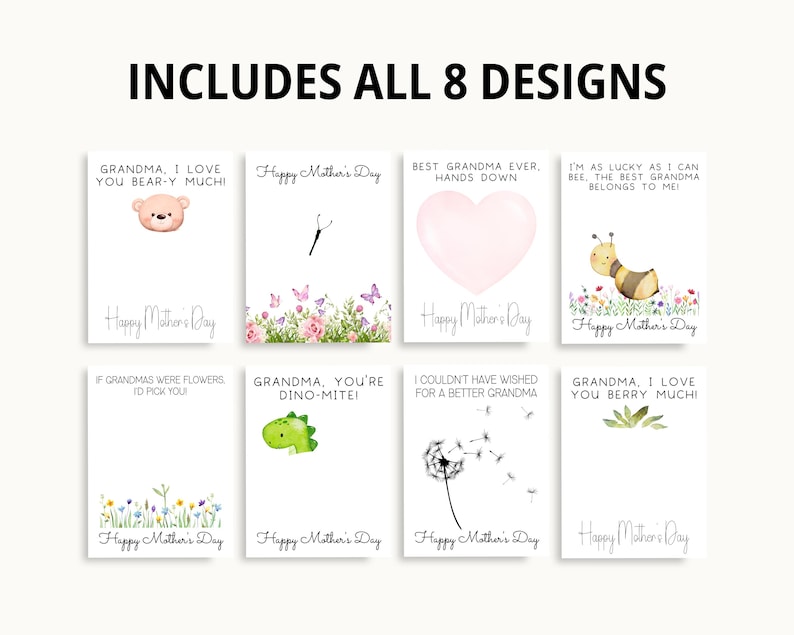 May include: Eight printable Mother's Day cards featuring cute illustrations and funny sayings. The cards include a bear, a dinosaur, a bee, a dandelion, flowers, and a heart. The text on the cards includes phrases like "Grandma, I love you bear-y much!" and "Grandma, you're dino-mite!"