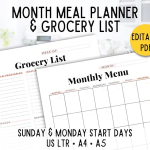 May include: A white meal planner and grocery list set. The top text reads "MONTH MEAL PLANNER & GROCERY LIST". The grocery list includes sections for fruits, vegetables, meat, and frozen items. The monthly menu has a calendar layout. The text "EDITABLE PDF" is in a yellow circle.