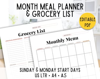 Monthly Meal Planner Printable: Editable Calendar & Grocery List (PDF)