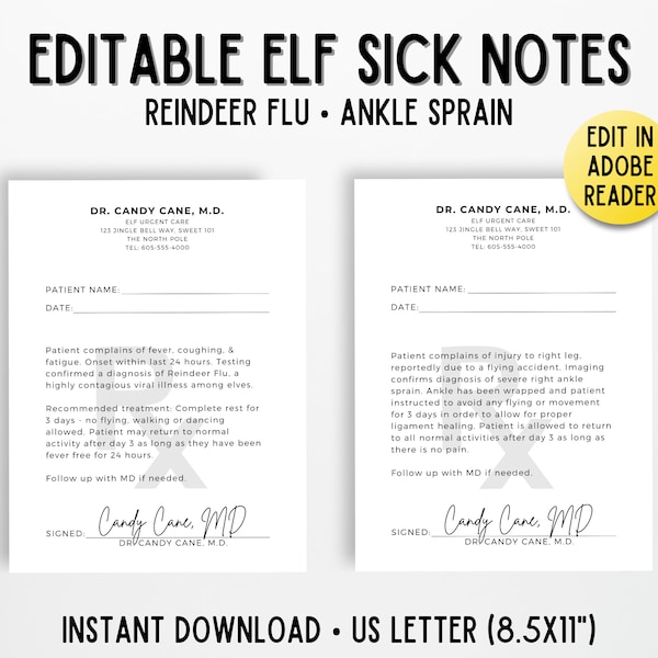 Elf Sick Note Editable, Elf Injury & Recovery Letter, Doctor’s Note for Elf, Reindeer Flu, Elf Activity Idea, Christmas Elf Printable Letter