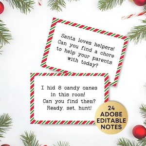 May include: Christmas-themed notes with red and green striped borders. The notes have text like "Santa loves helpers!" and "I hid 8 candy canes in this room!" The image also includes candy canes, red ornaments, and evergreen branches.