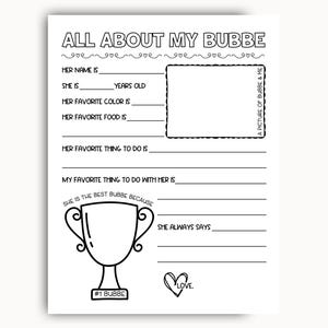 All About My Bubbe Printable, Birthday Gift For Bubbe From Grandkids, All About Bubbe, Mothers Day Printable Gift, Grandma Questionnaire