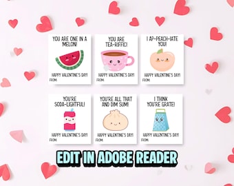 Food Valentine's Day Card Editable, Food Pun Valentine Cards for Kids Printable, Editable Valentines Cards, Classroom Valentines Day Cards