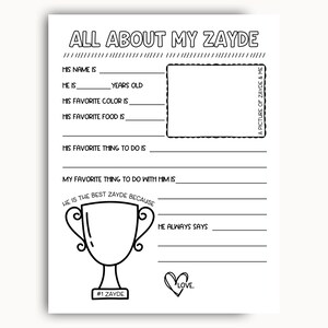 All About My Zayde Printable, Birthday Gift For Zayde From Grandkids, Fathers Day Printable Gift, Grandpa Questionnaire