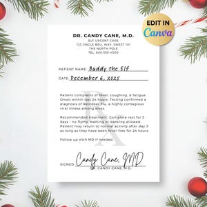 Könnte beinhalten: Ein weihnachtliches medizinisches Formular von Dr. Candy Cane, M.D., für Buddy the Elf, datiert auf den 6. Dezember 2025. Das Formular beschreibt Symptome und Behandlung für Rentiergrippe, umgeben von festlichen Dekorationen.